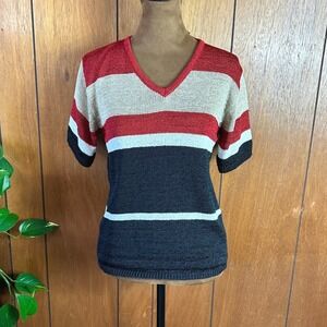 Vintage Directives Striped V Neck Short Sleeve‎ Knit Top Women's Size Medium